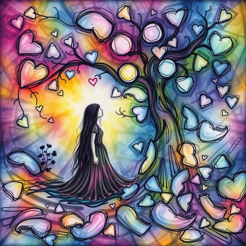 Surreal Child's Drawing of Gothic Valentine's Day Scene in W...