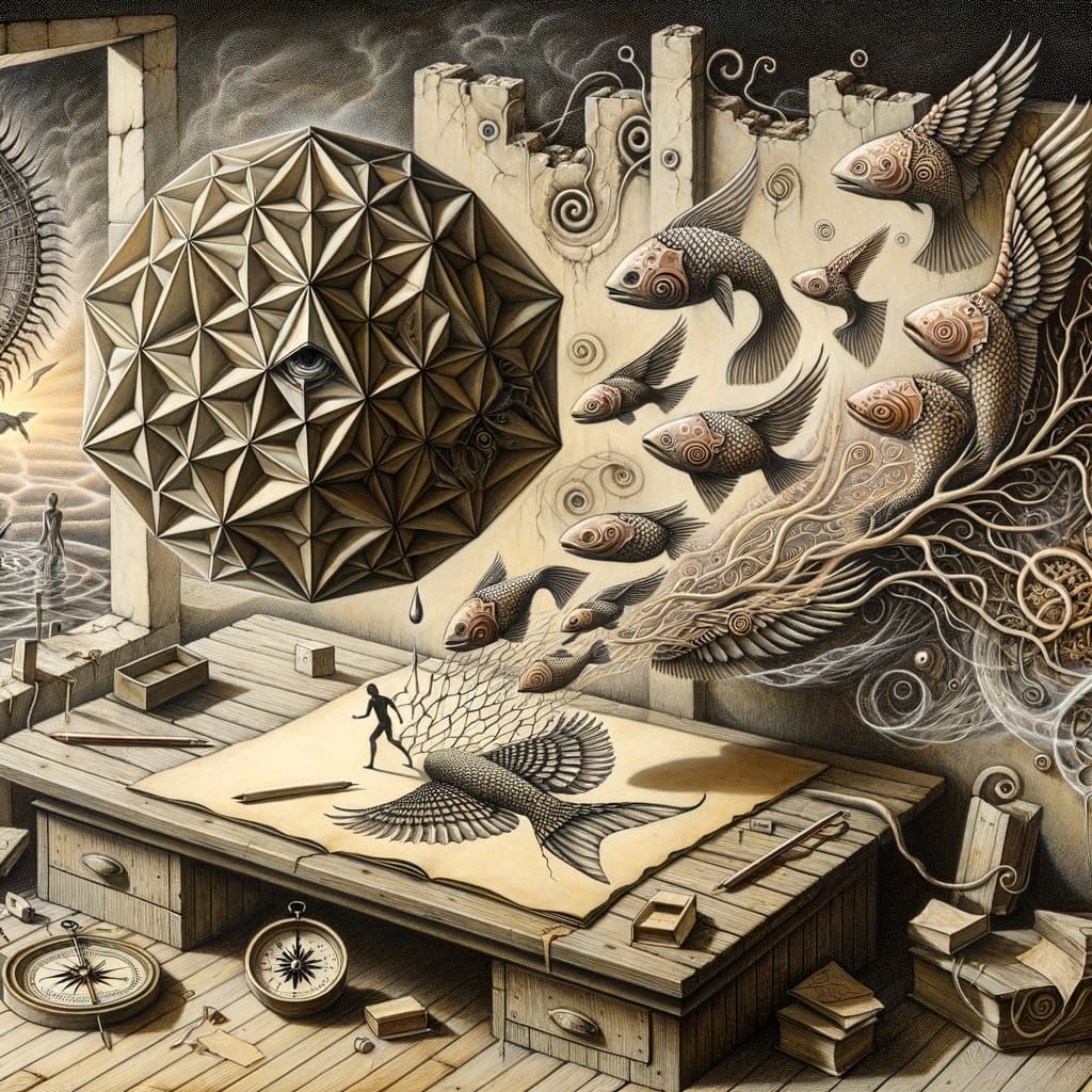 Dreamlike Surrealist Scene with Transforming Figures and Sym...