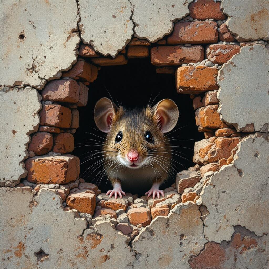 Mouse Peeks Out From Brick Wall in Detailed Digital Art
