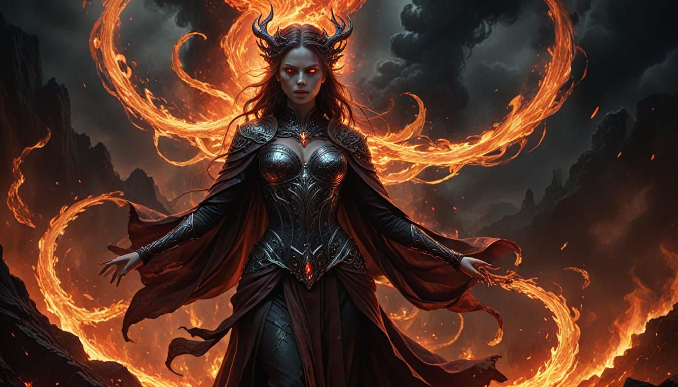 Ethereal Goddess of Hell in Fiery Landscape