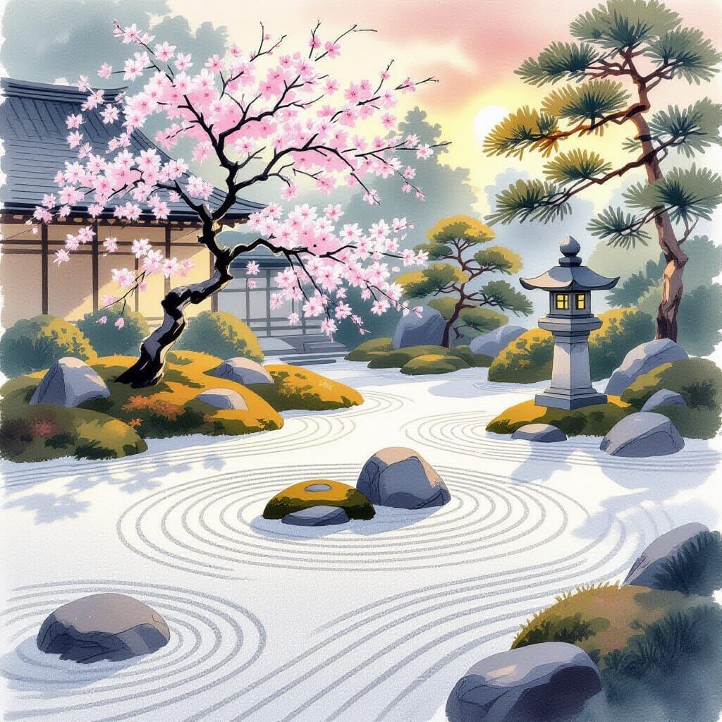 Zen Garden at Dawn in Sumi-e Style