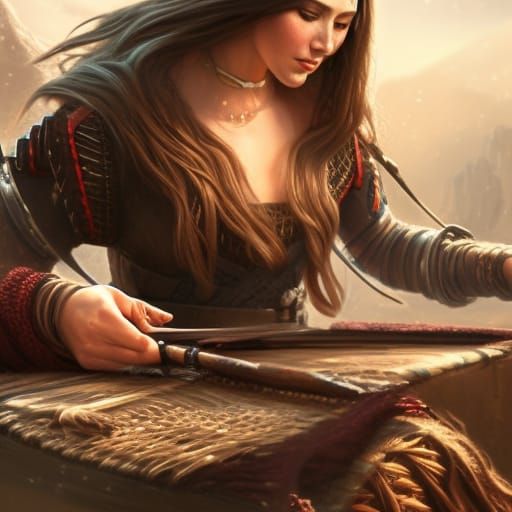 Detailed Norse Woman Weaving, Fantasy Art