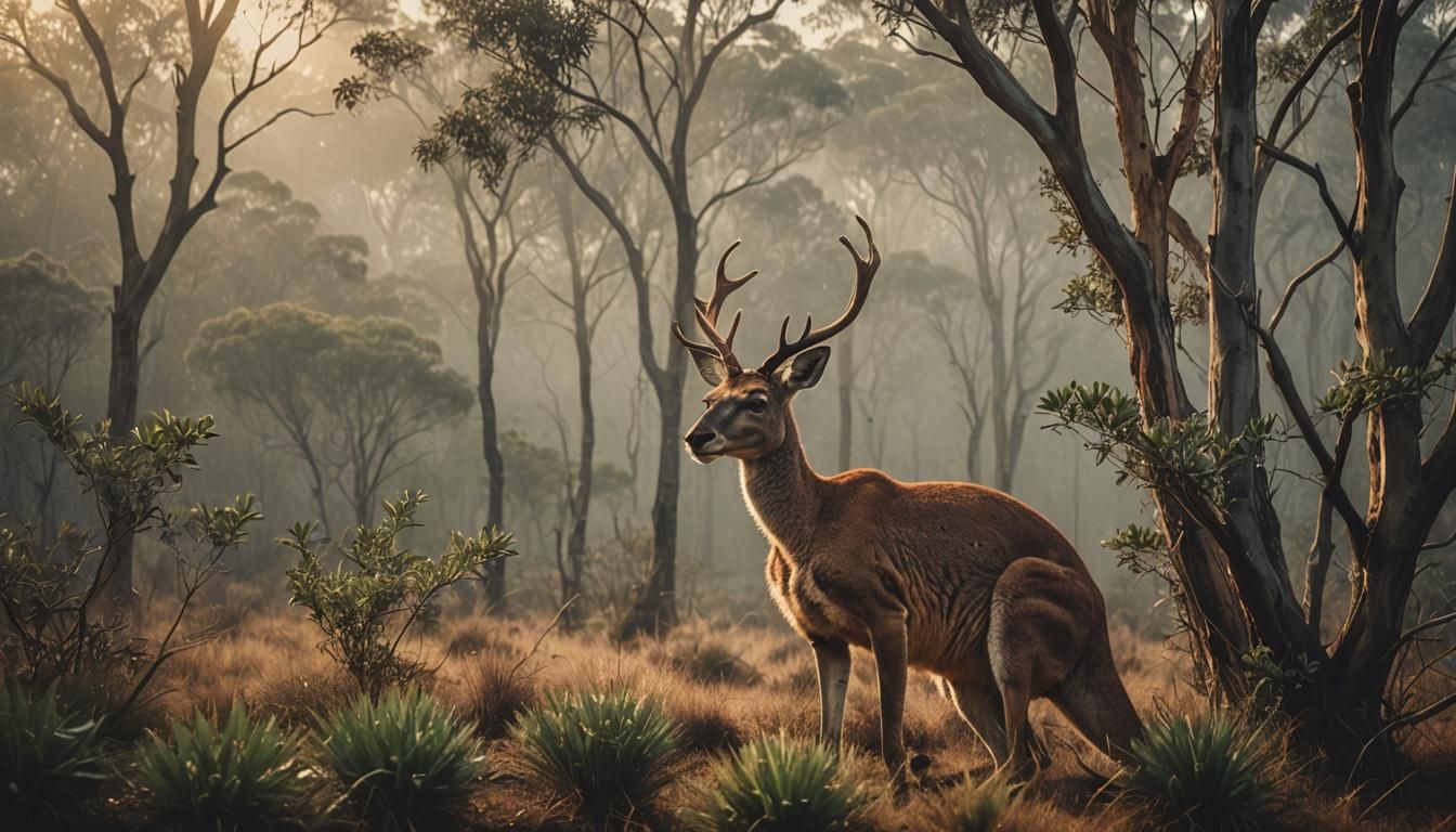 Antlered Kangaroo in Eucalyptus Grove at Dusk