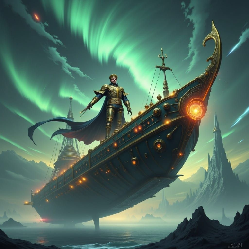 Epic Steampunk Warrior in Majestic Flying Nautilus