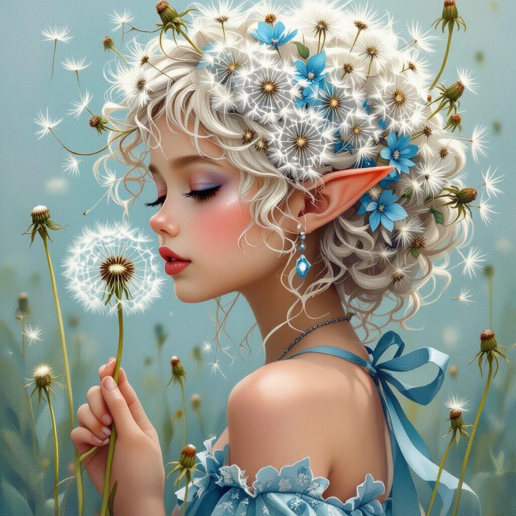 Blue Teal Fae Girl with Dandelion Features