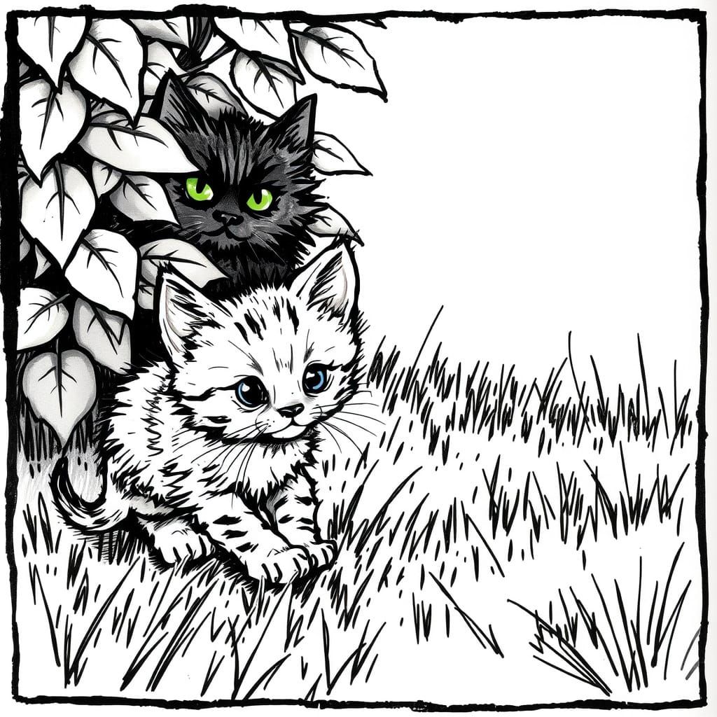 Whimsical Kitten Explores Lush Garden in Expressive Ink Draw...