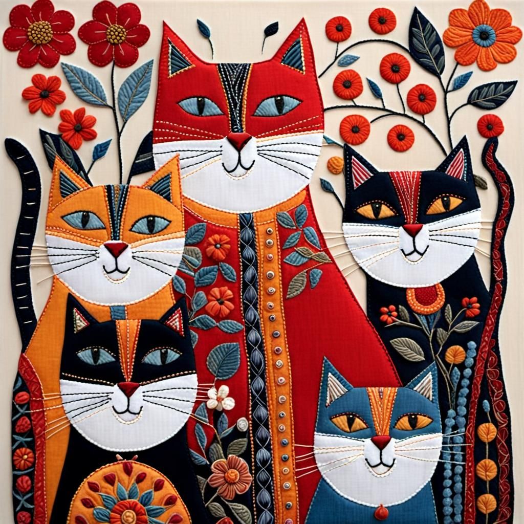 Whimsical Cat Family Portrait in Folk Art Style