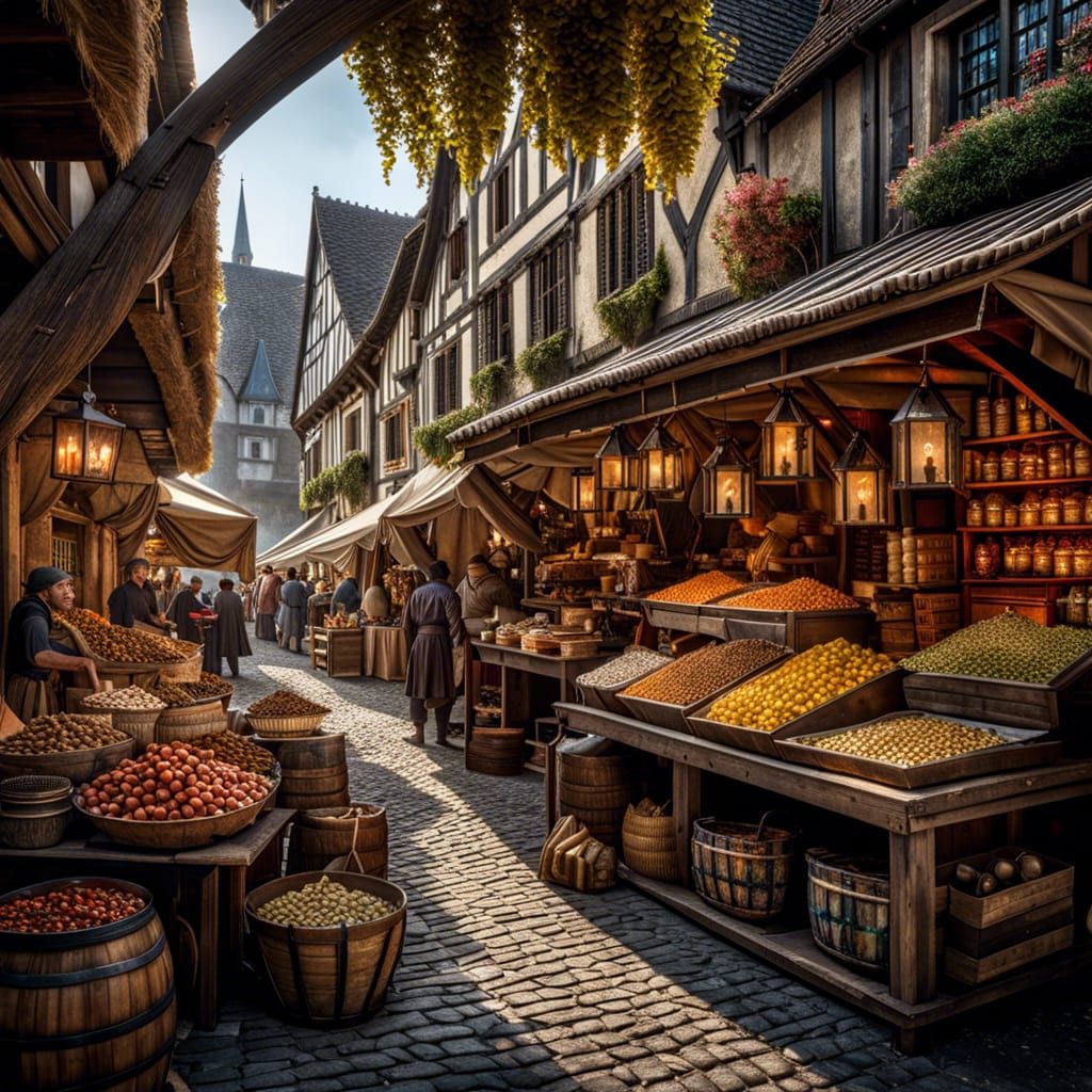 Medieval Fantasy Market in Hyperrealistic Style
