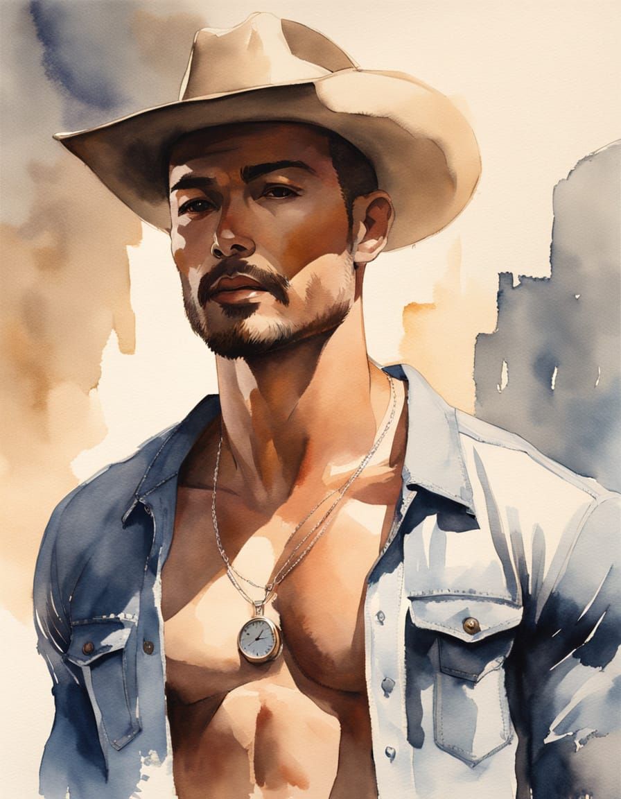 Muscular Men in Denim Walking Together in Watercolor Style