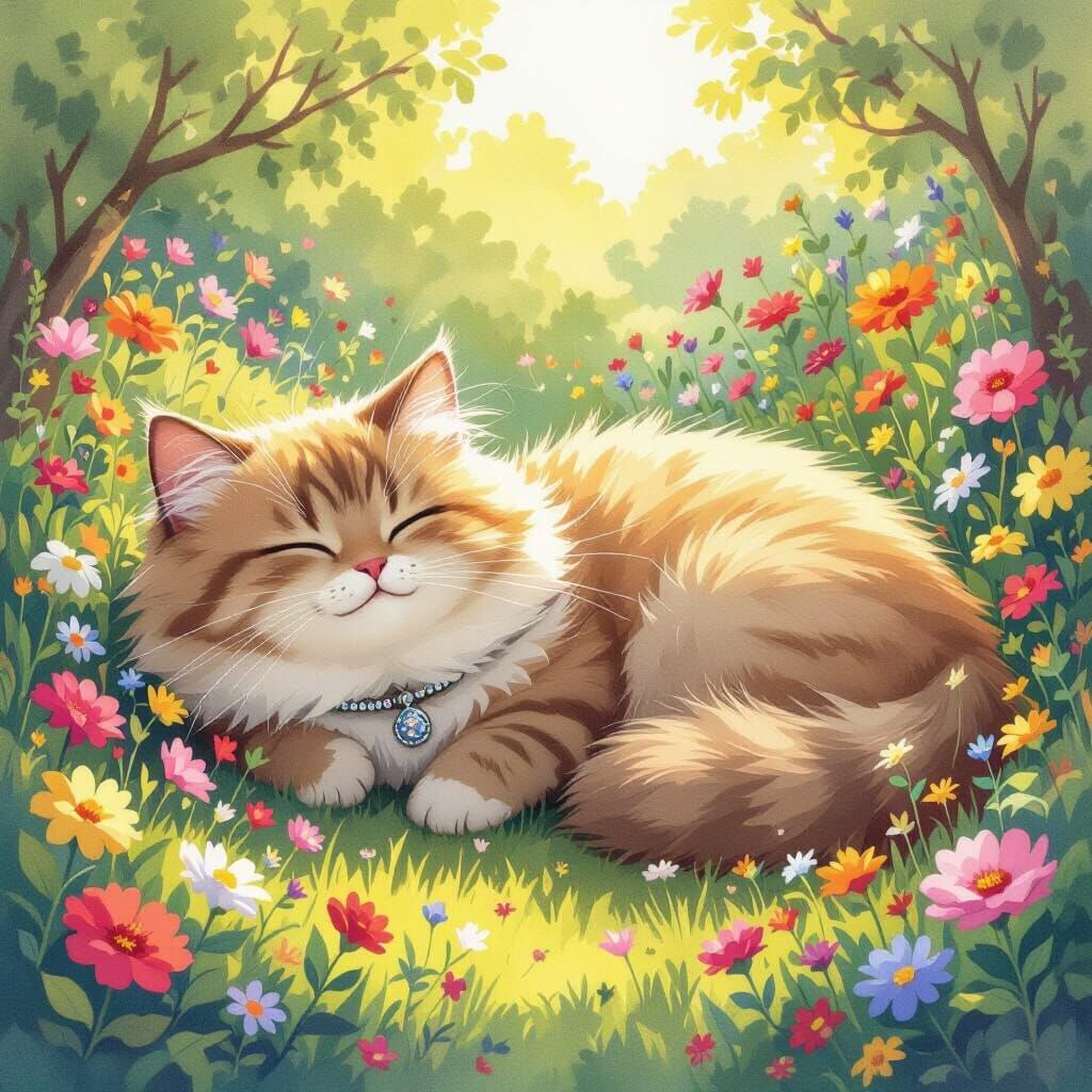 Cat Nap in Blooming Garden, Watercolor Art