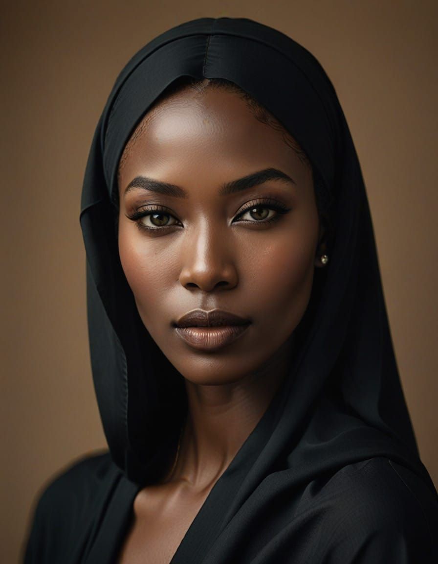 Elegant Black Woman in Delicate Hijab, Soft Lighting