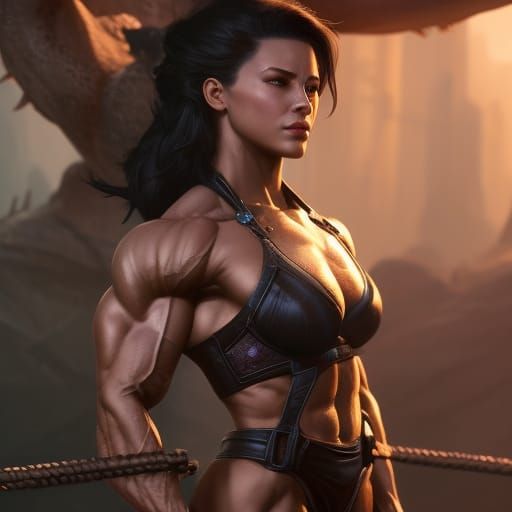 Fantasy Muscle Girl in Dark, Hyperdetailed Style