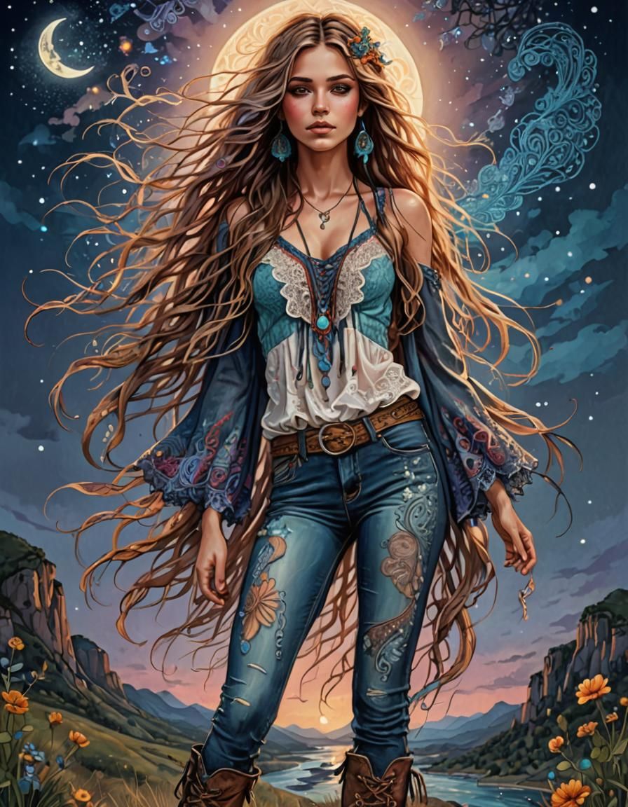 Boho Woman in Lace and Leather, Bioluminescent Eyes