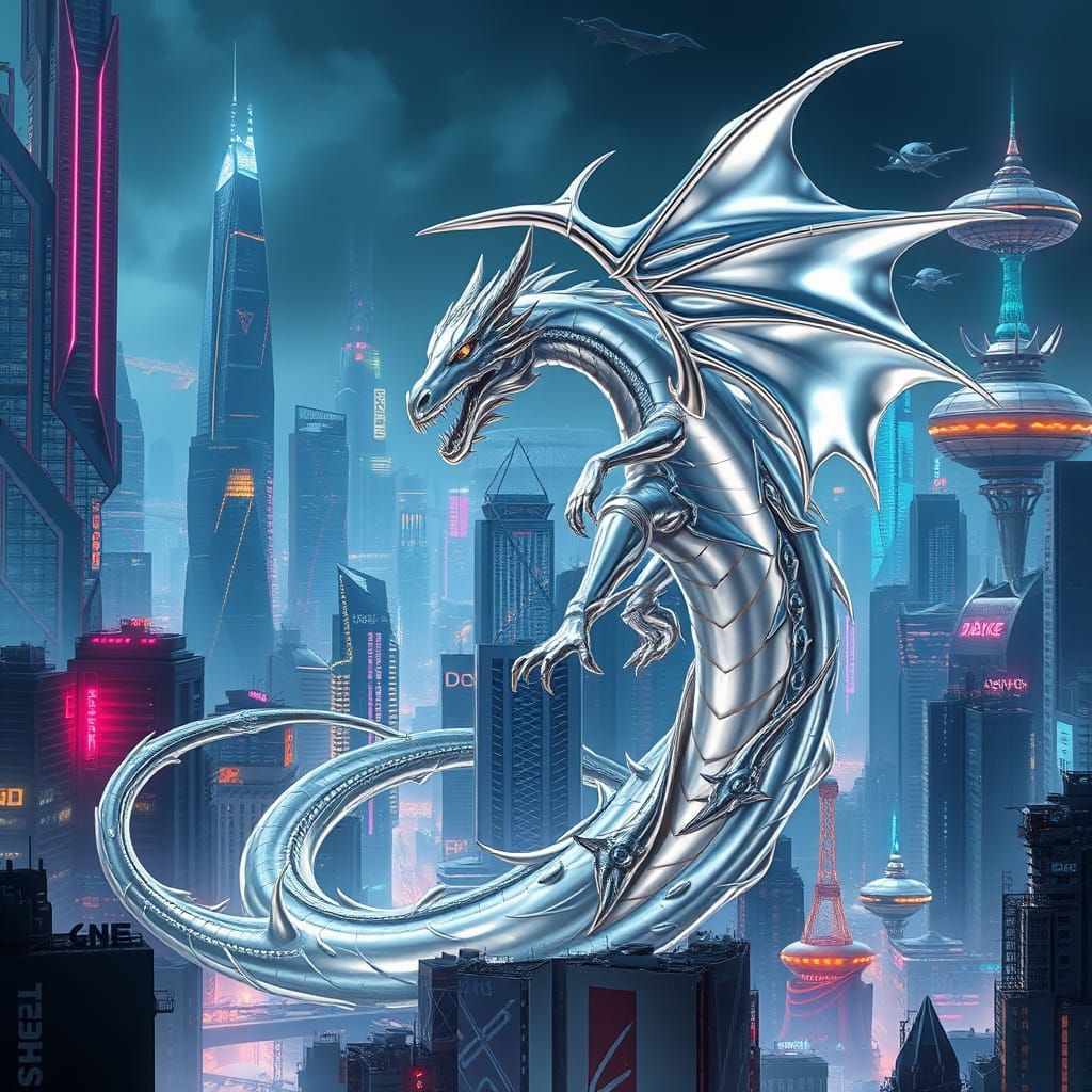 Ethereal Liquid Metal Dragon Amidst Futuristic Cityscape