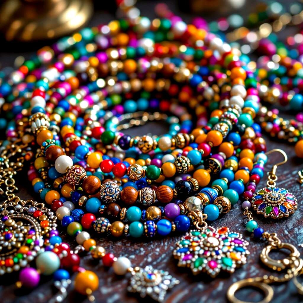 Detailed Close-Up of Colorful Beaded Jewelry