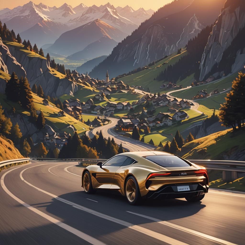 Luxury Car on Swiss Mountain Road: Concept Art