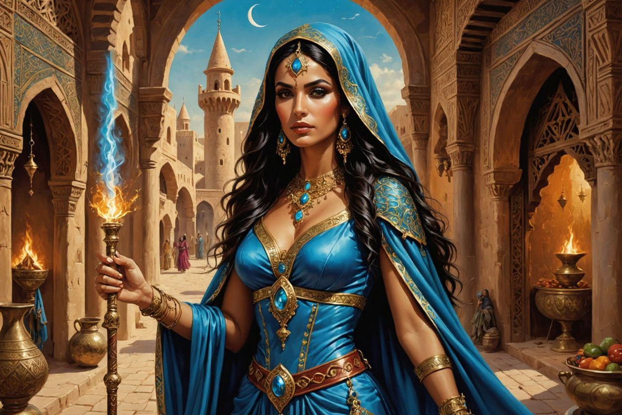 Moroccan Sorceress in Medieval Bazaar, Oil Painting