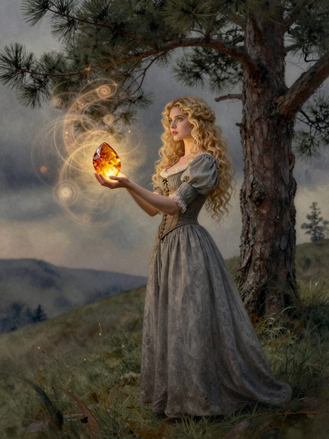 Mystical Woman with Amber on Pine Hill in Watercolor Sfumato...