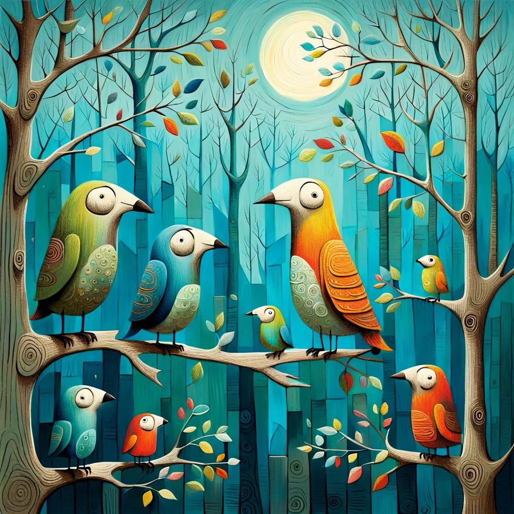 Cute Birds on Textured Branches Illustration