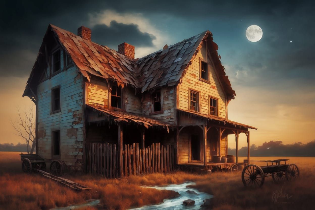 Rural Night Scene in a Haunting Muted Color Palette