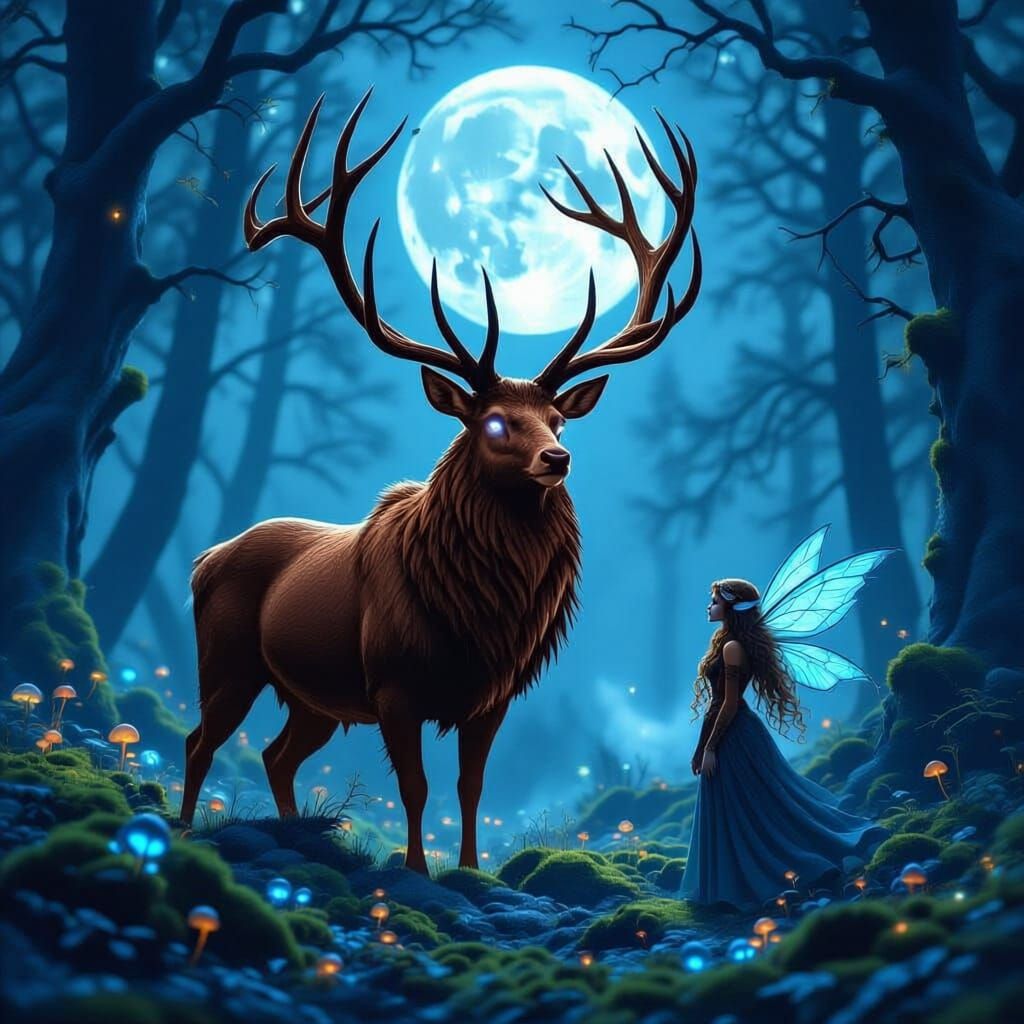 Majestic Obsidian Stag in Ethereal Moonlit Forest