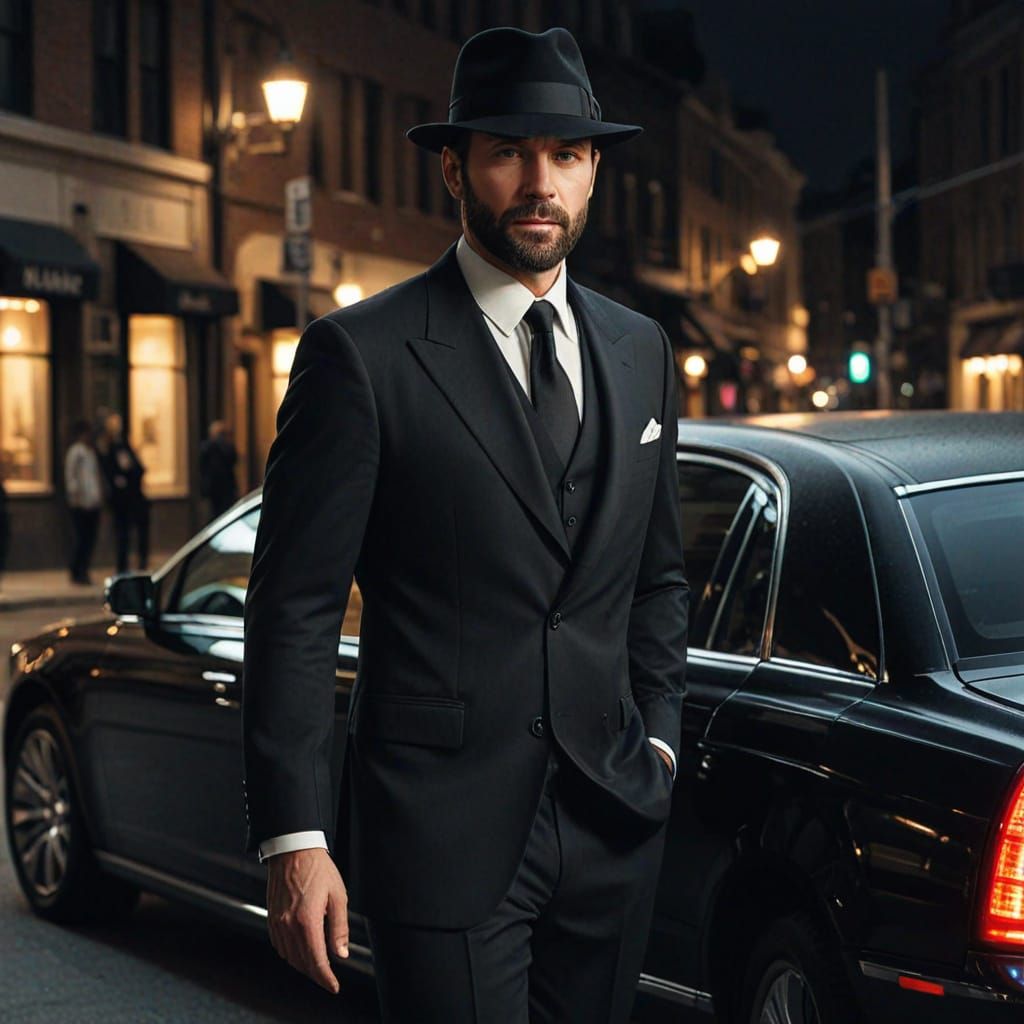 Distinguished Gentleman Exits Limousine at Twilight