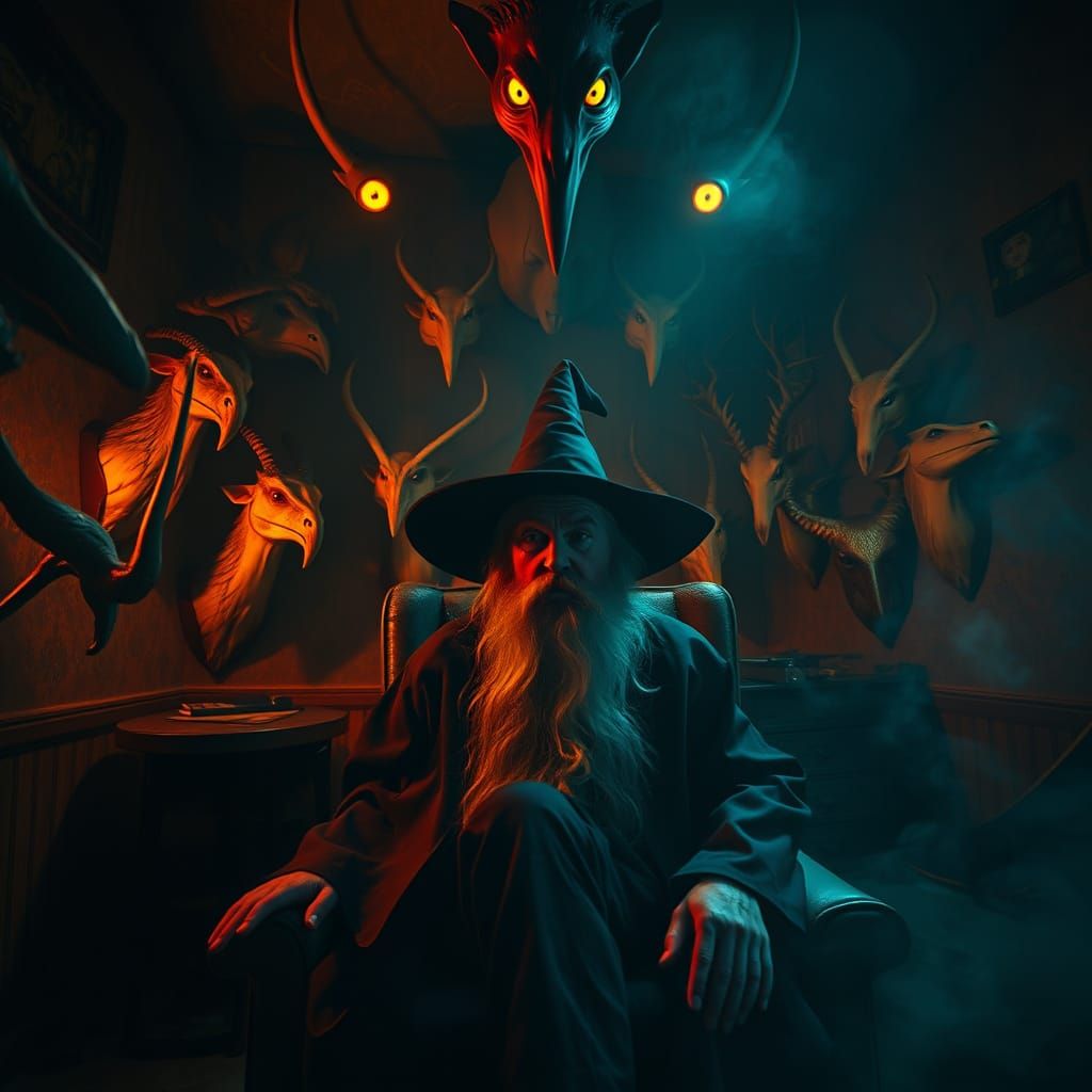 Mystical Wizard Surrounded by Fantastical Taxidermy in a Dal...