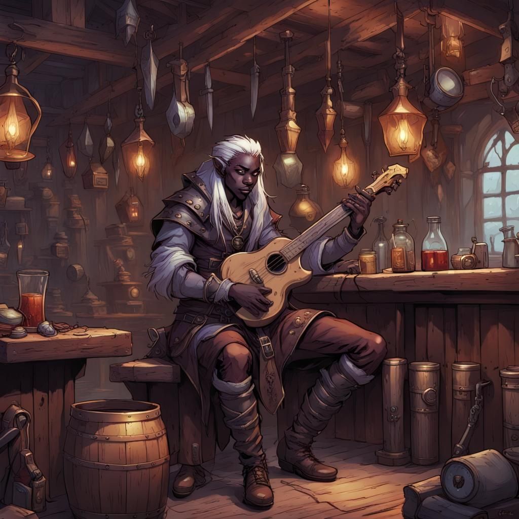 Dark Elf Bard in Tavern, Comic Book Art
