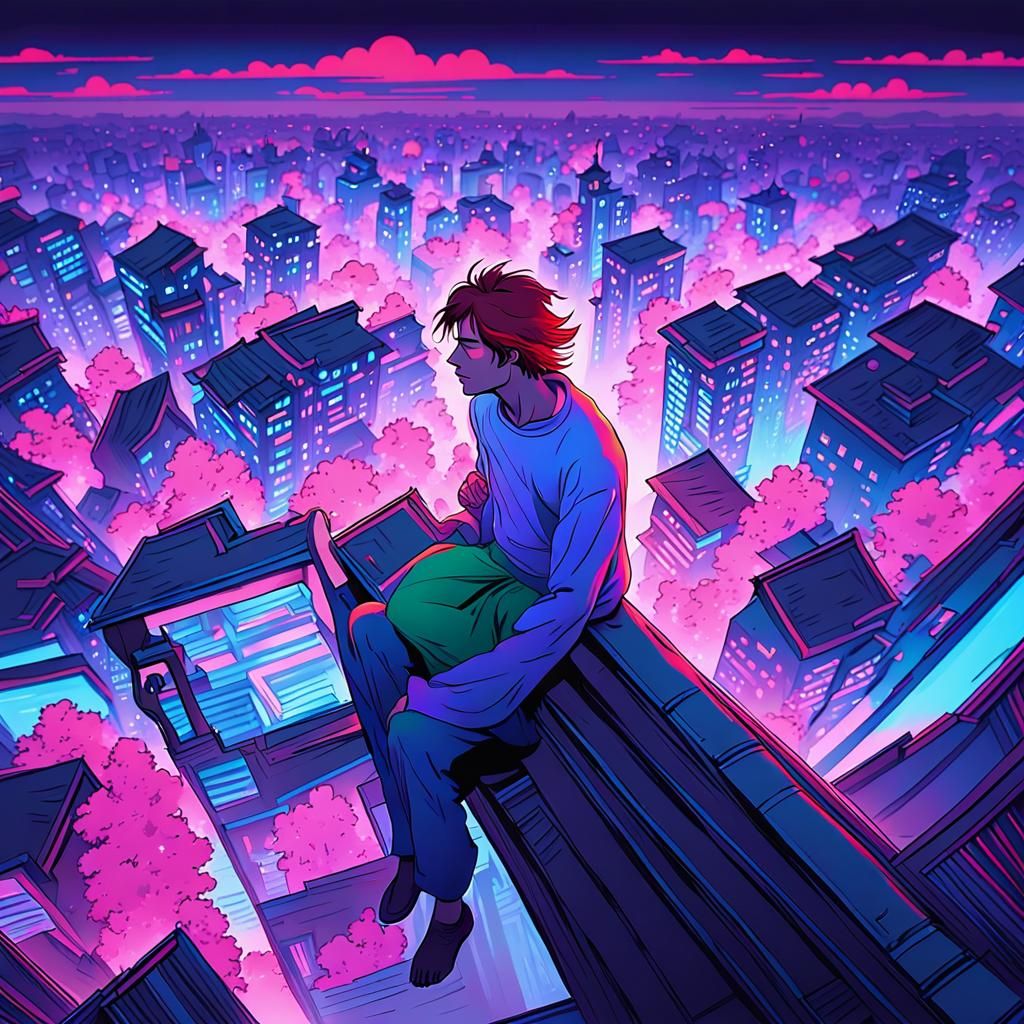 Neon Cityscape Contemplation in Digital Painting Style