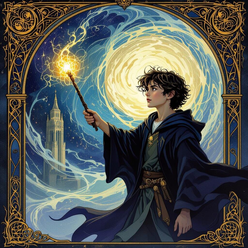 Wizard with Glowing Wand and Cosmic Energy in Art Nouveau St...