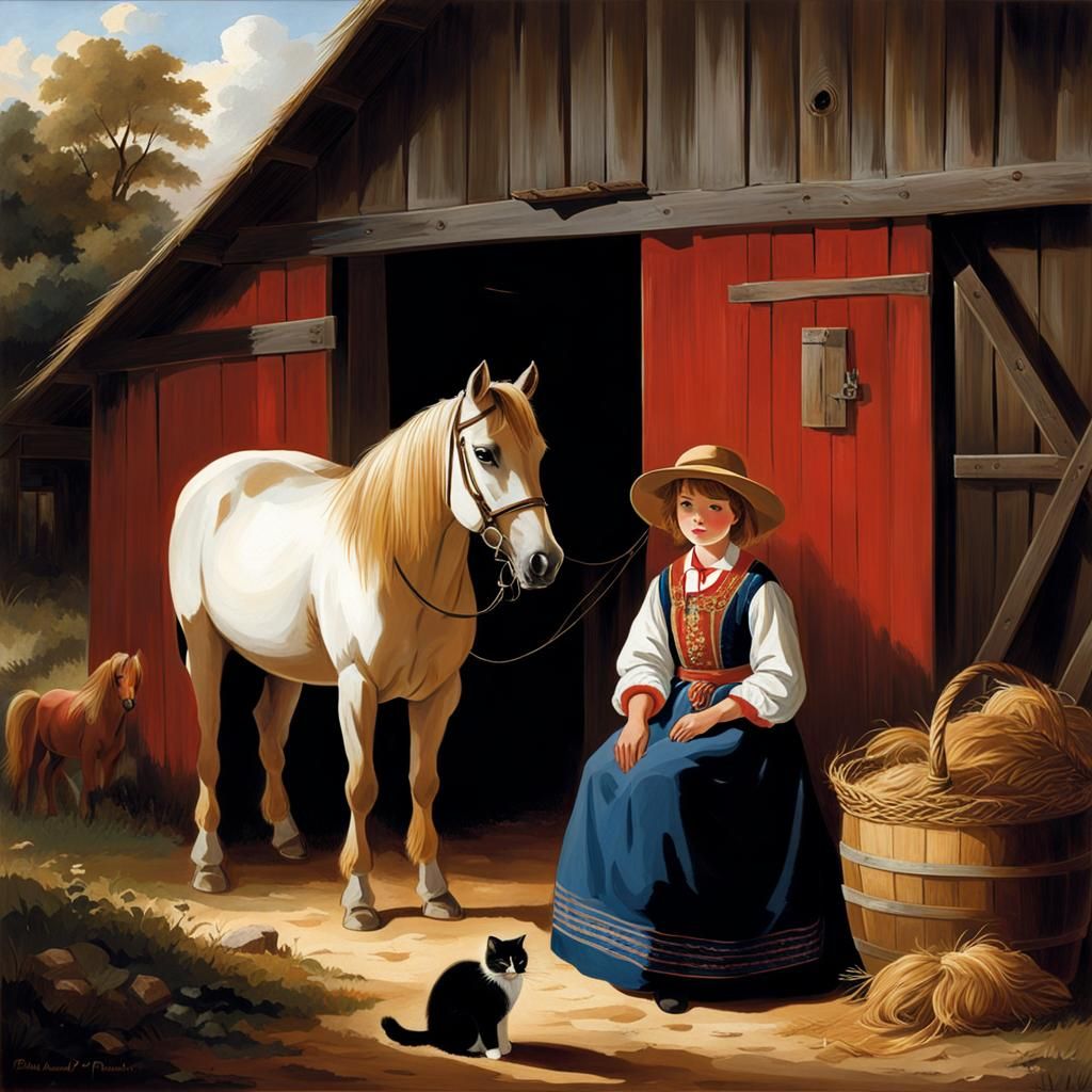Girl and Pony in Barn, Classical Style