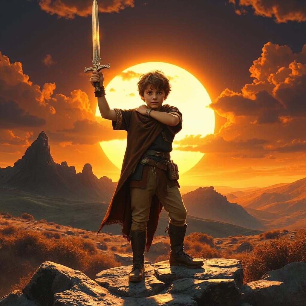 Heroic Boy Triumphant in Fantasy Landscape