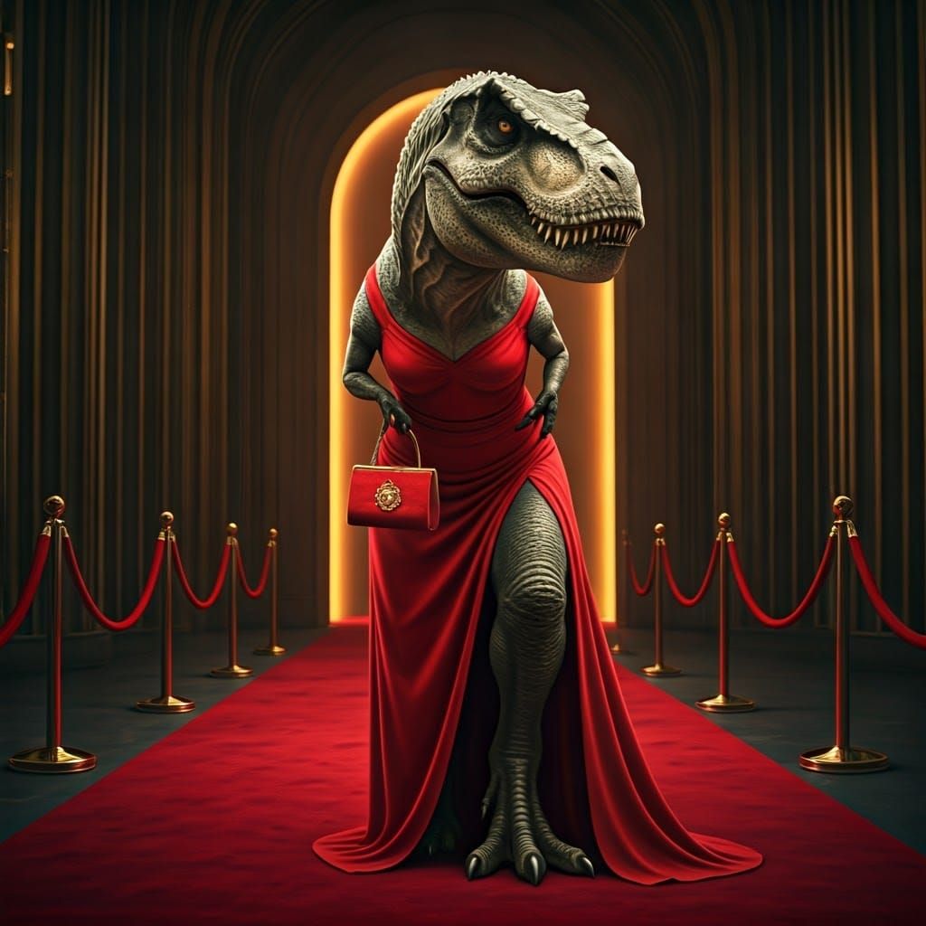 T-Rex Red Carpet Glamour in Cinematic Style