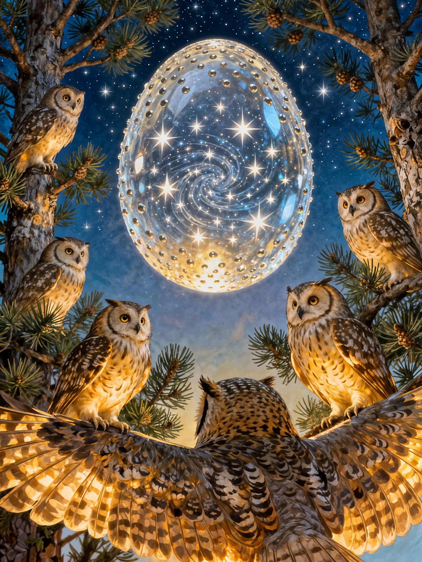 Owls Guarding Glowing Egg of New Beginnings