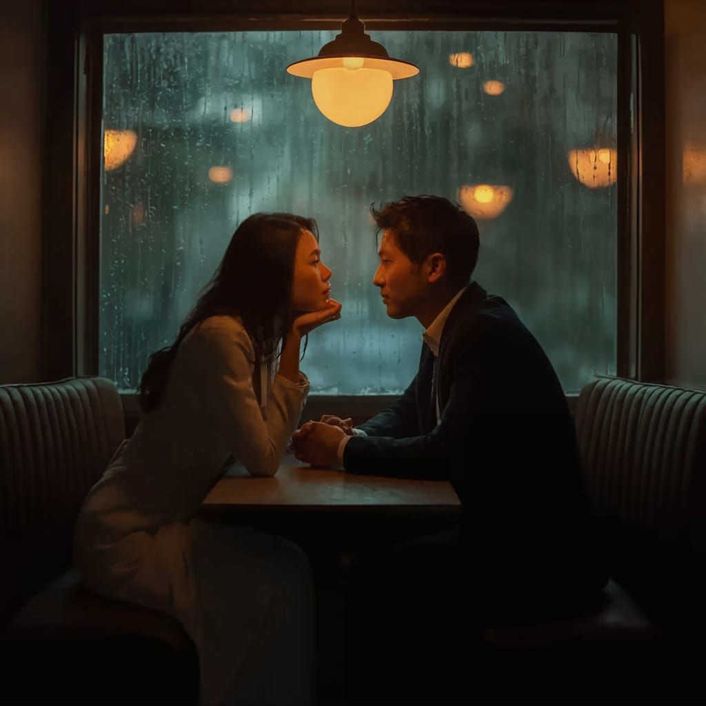 Intimate Cafe Scene with Couple in Wong Kar-Wai Style