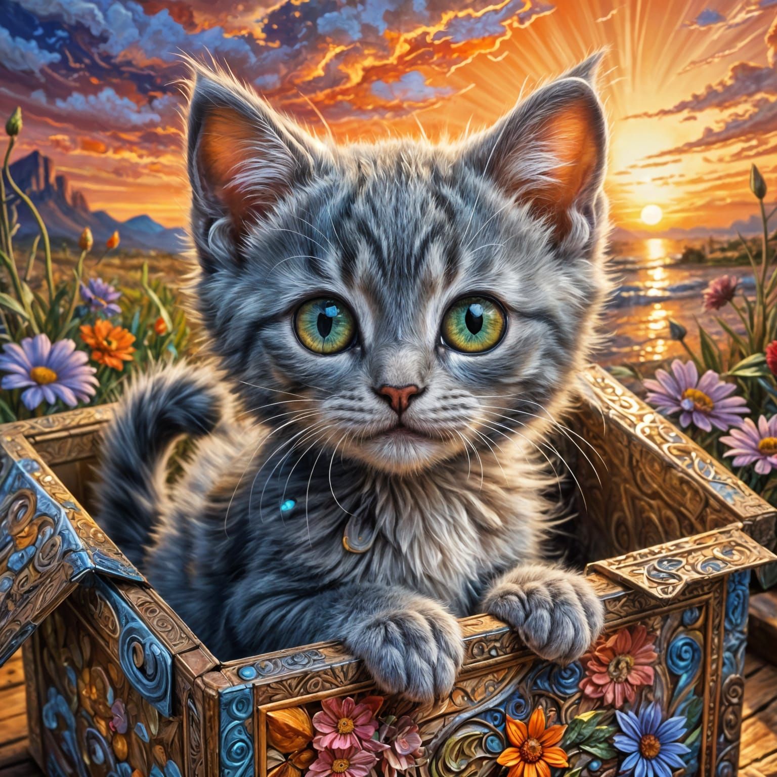 Whimsical Kitten in Sunset Box