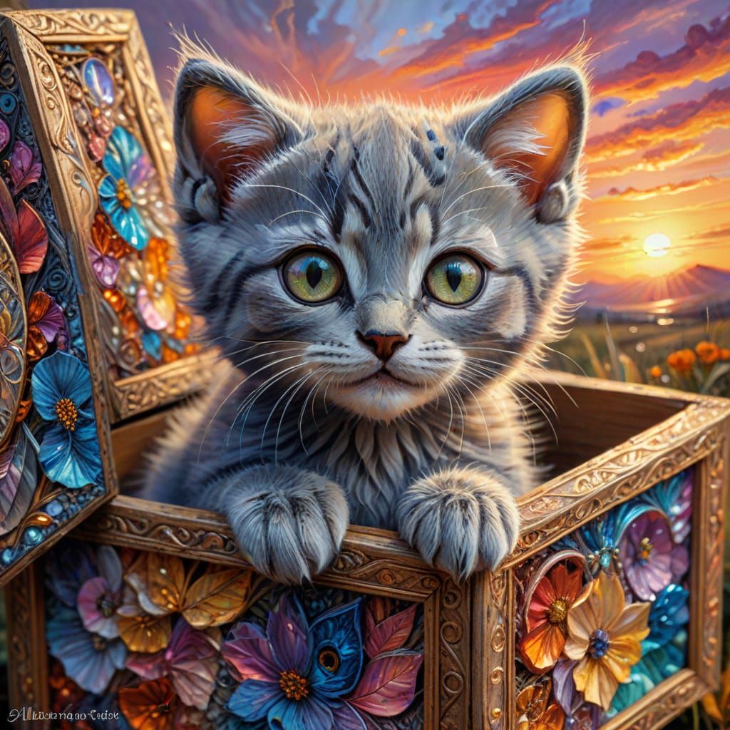 Whimsical Kitten in Sunset Box, Oil on Canvas Watercolor