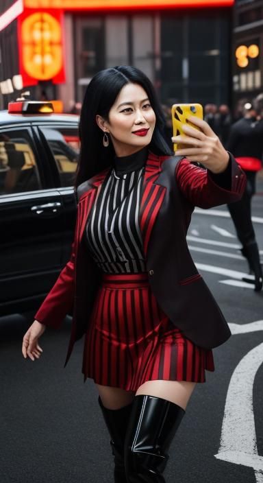 Businesswoman in Red Suit Hailing Taxi, Taking Selfie