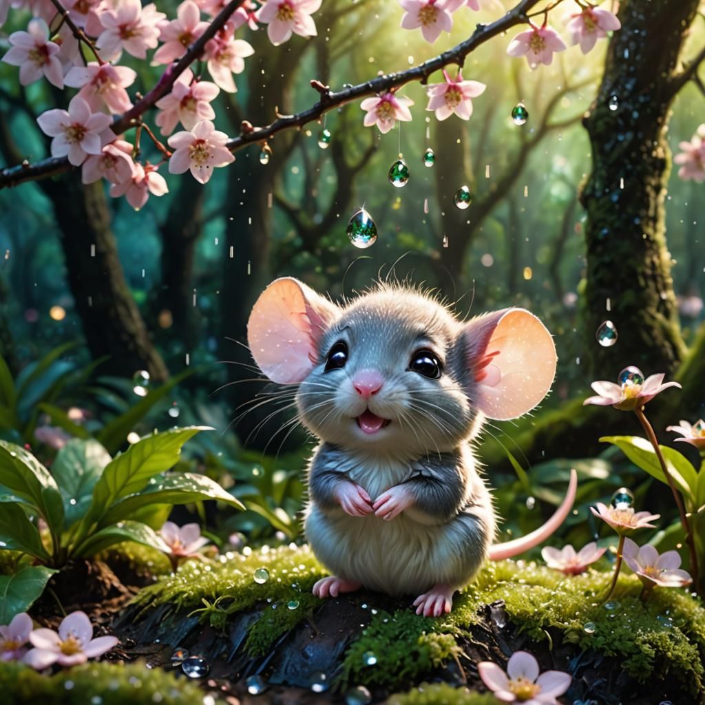 Chibi Mouse Under Dewdrop Leaf in Enchanted Forest