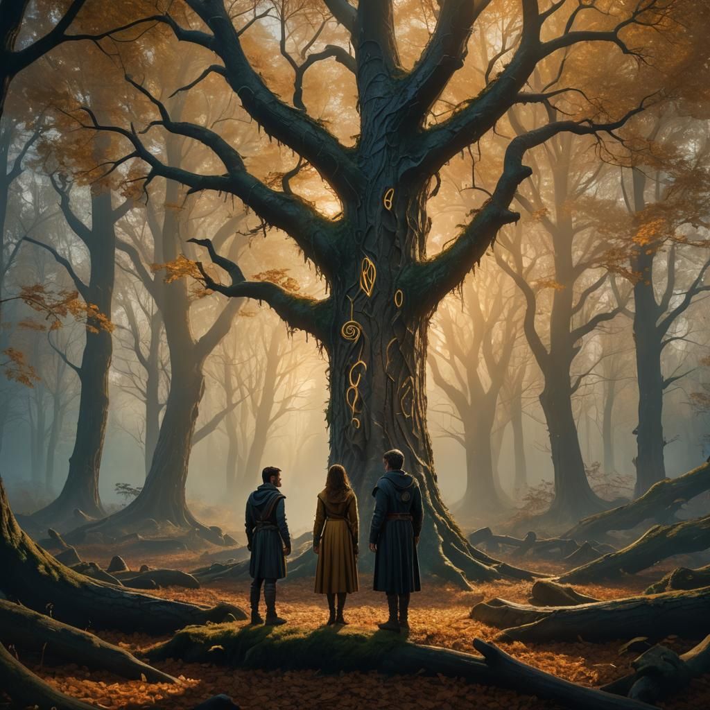 Friends in Fantastical Wooded Oval, Matte Painting