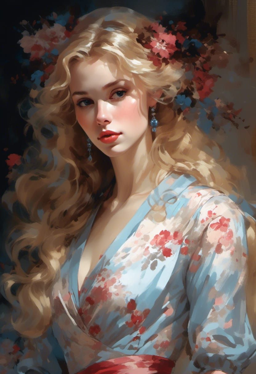 Blue Floral Dress Illustration in Retro Style