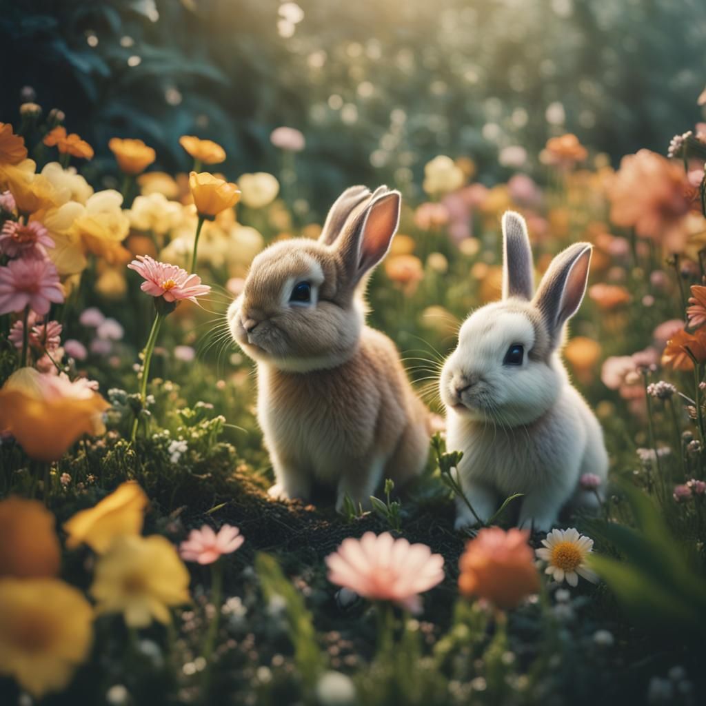 Cute Baby Bunnies in Flowers: Cinematic Film Still