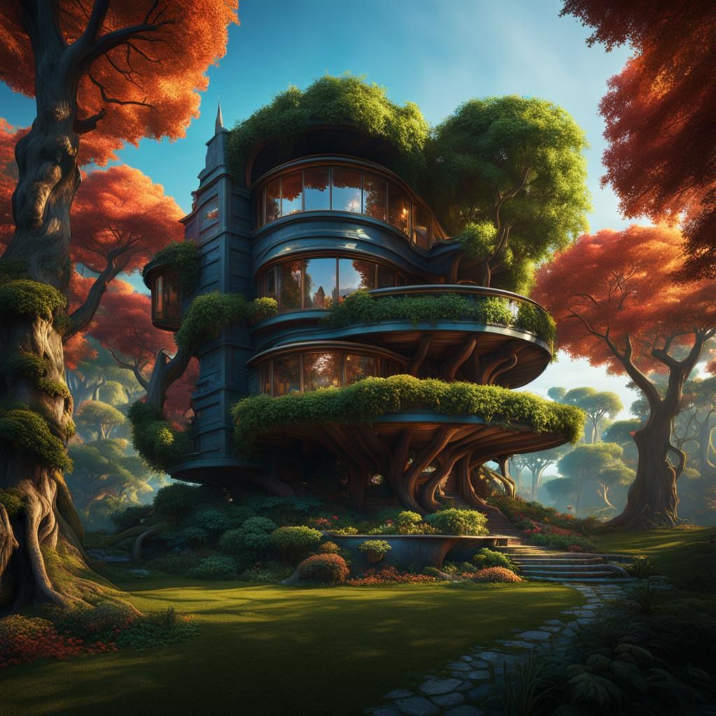 Avant-Garde House in Remote Forest, Detailed Matte Painting