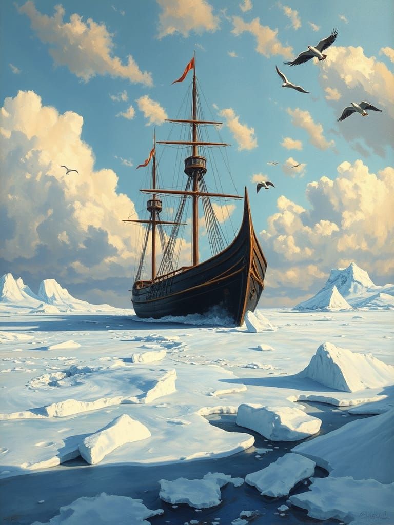 Viking Ship Standing in Frozen Antarctic Landscape