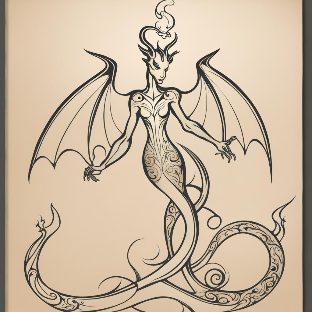 Art Nouveau Dragon with Candles in Beardsley Style