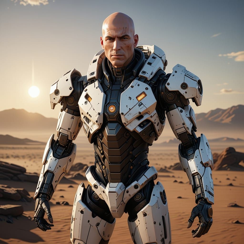 Muscular Bald Man with Pointed Nose in Sci-Fi Style