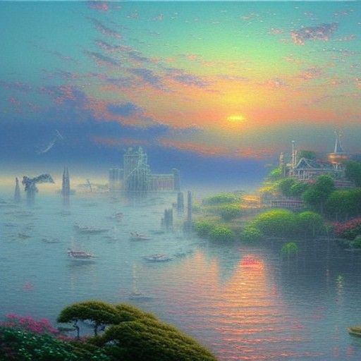 Shiba Inu Sunrise at Mystical Mansion: Oil Painting