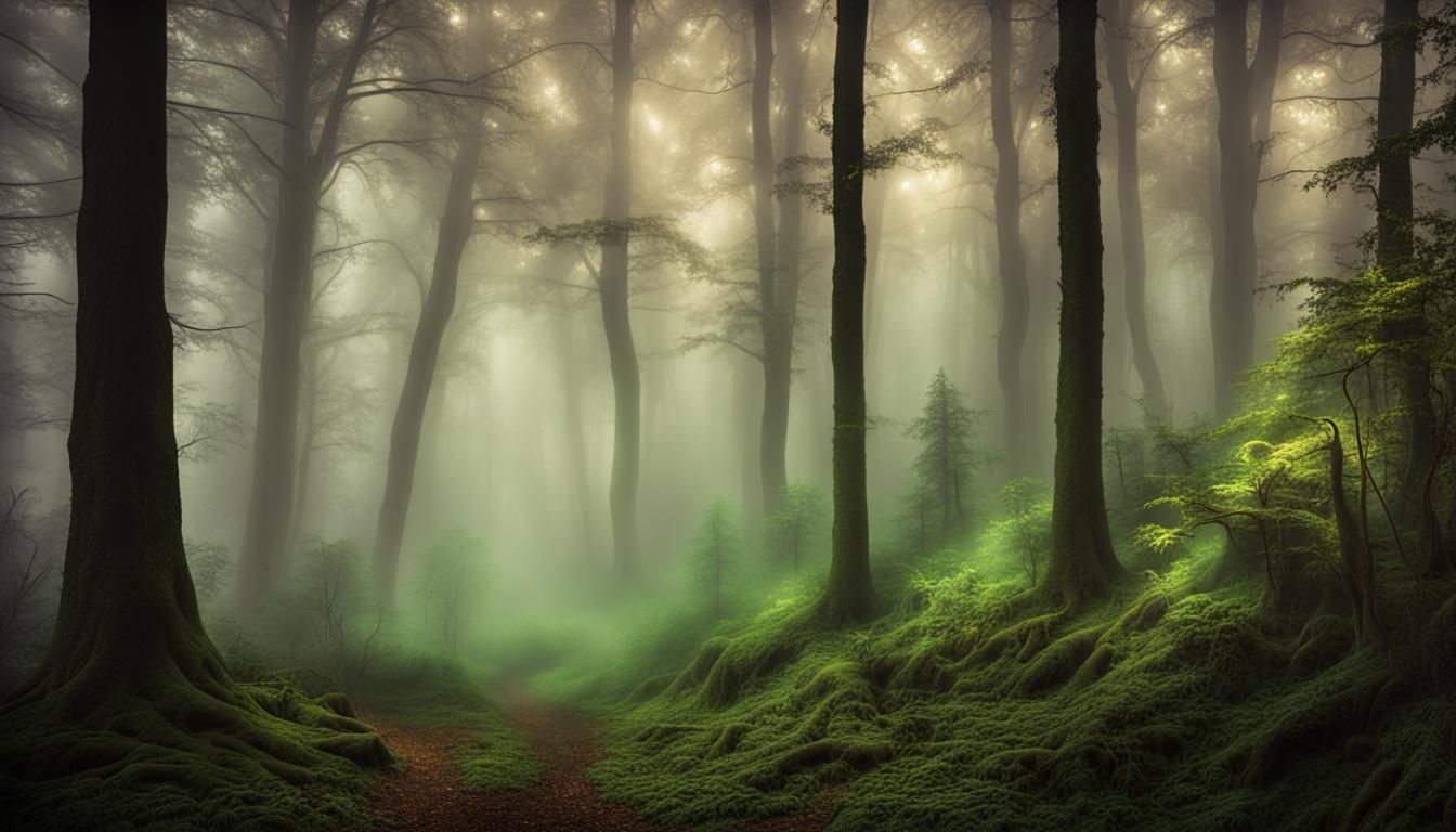 Mystical Forest with Fog and Soft Gold Lighting