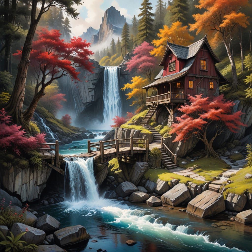 Rustic Hut Beside Waterfall in Vivid Colors