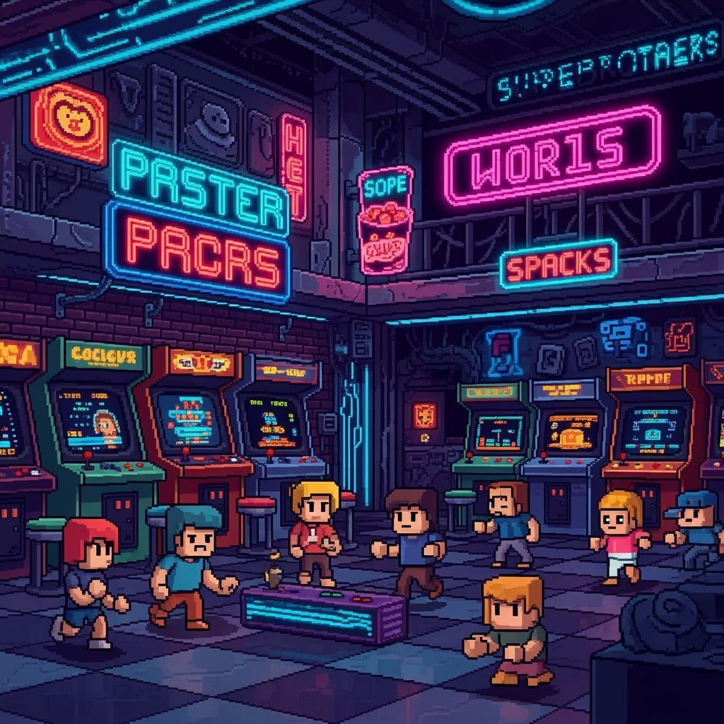 Retro 8-bit Arcade Scene in Pixel Art Style